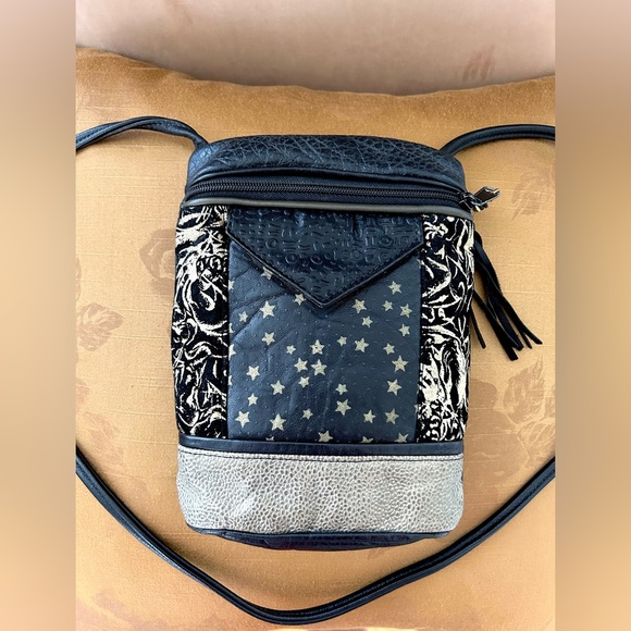 Leather and Suede Mixed Media Black and Gold Handbag Crossbody - Picture 1 of 10